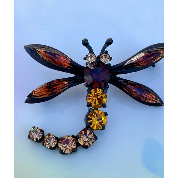 Vintage Brooch Articulated Dragonfly Brown Orange Rhinestones - Picture 7 of 10